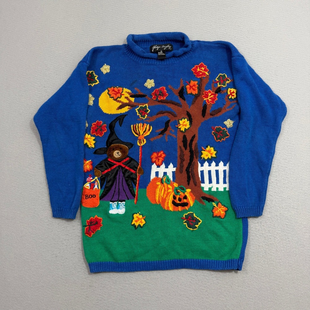 Vintage Gladys Bagley Sweater Women Small Halloween Bear Witch Pumpkin Scary 90s
